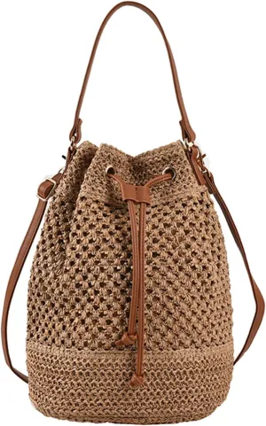 Bucket Straw Handbag, Handmade Tote Bag with Drawstring, Beach Woven Bag Rattan Shoulder Crossbody Basket Purse for Women
