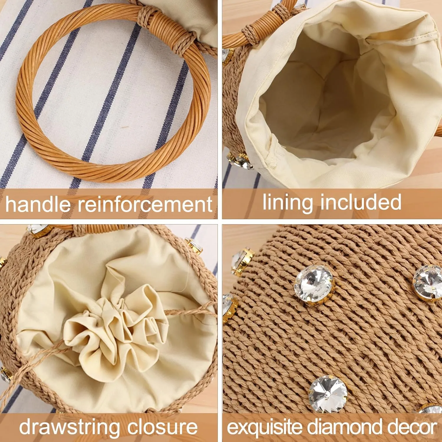 Bucket Straw Handbag, Handmade Tote Bag with Drawstring, Beach Woven Bag Rattan Shoulder Crossbody Basket Purse for Women