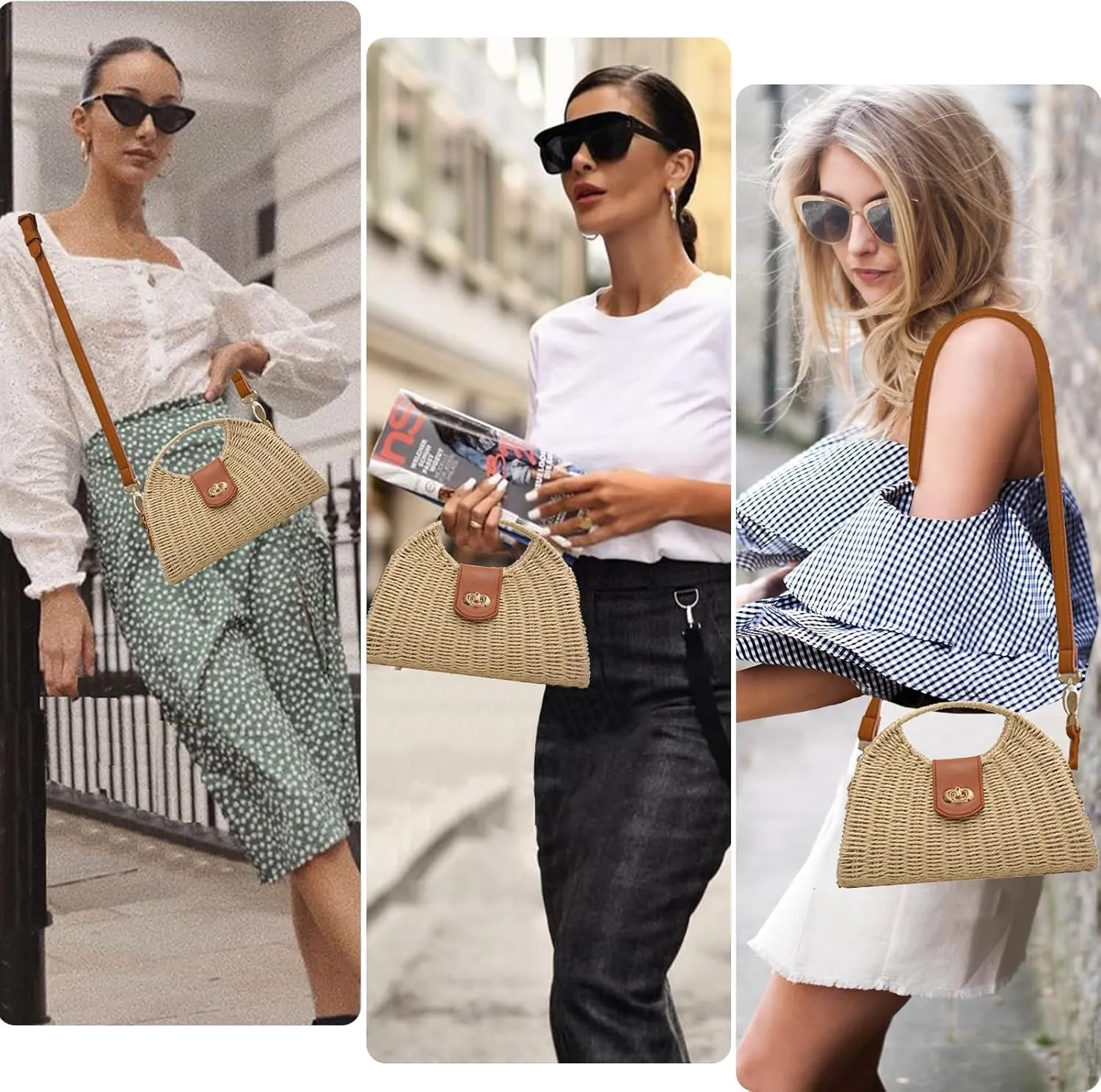 Bucket Straw Handbag, Handmade Tote Bag with Drawstring, Beach Woven Bag Rattan Shoulder Crossbody Basket Purse for Women