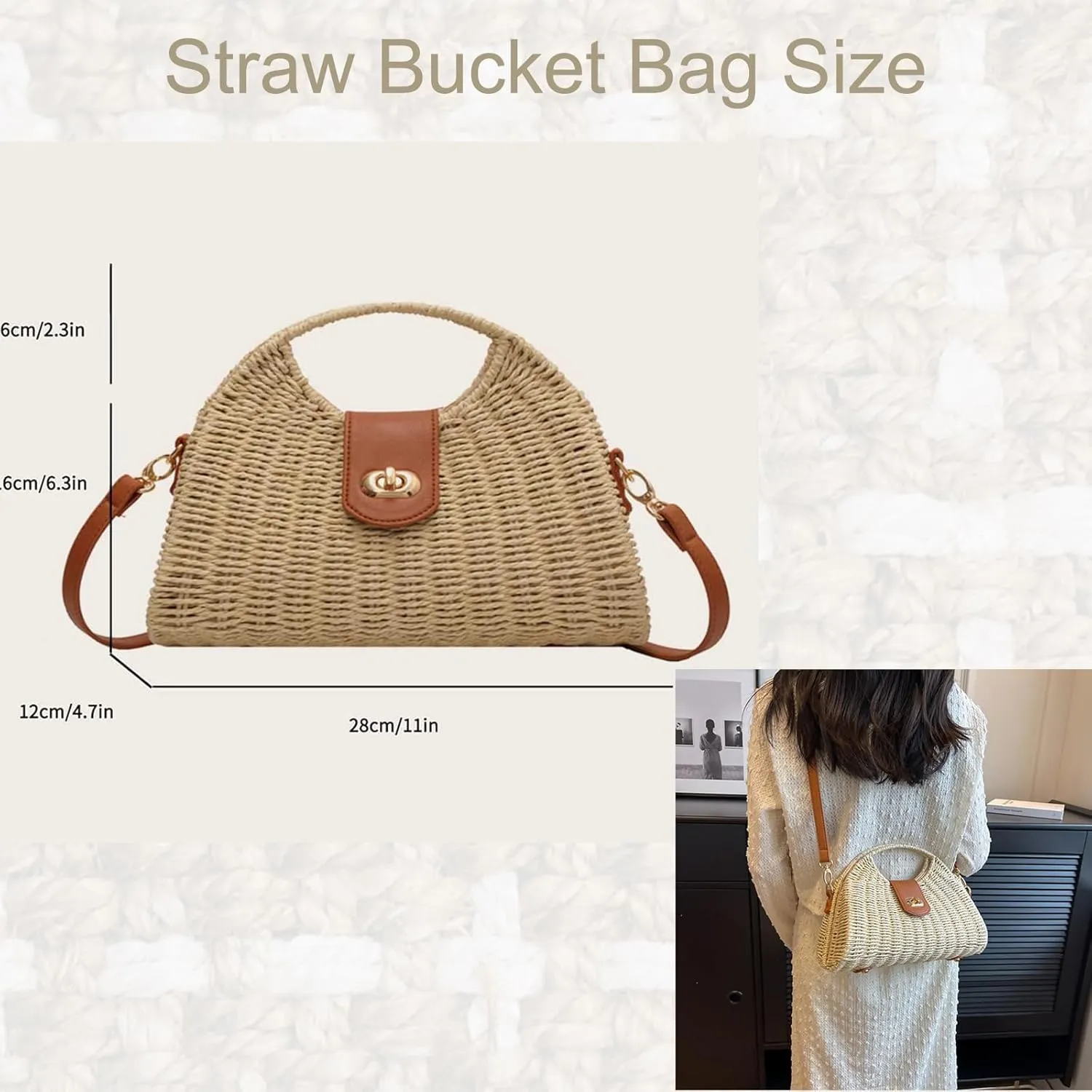 Bucket Straw Handbag, Handmade Tote Bag with Drawstring, Beach Woven Bag Rattan Shoulder Crossbody Basket Purse for Women