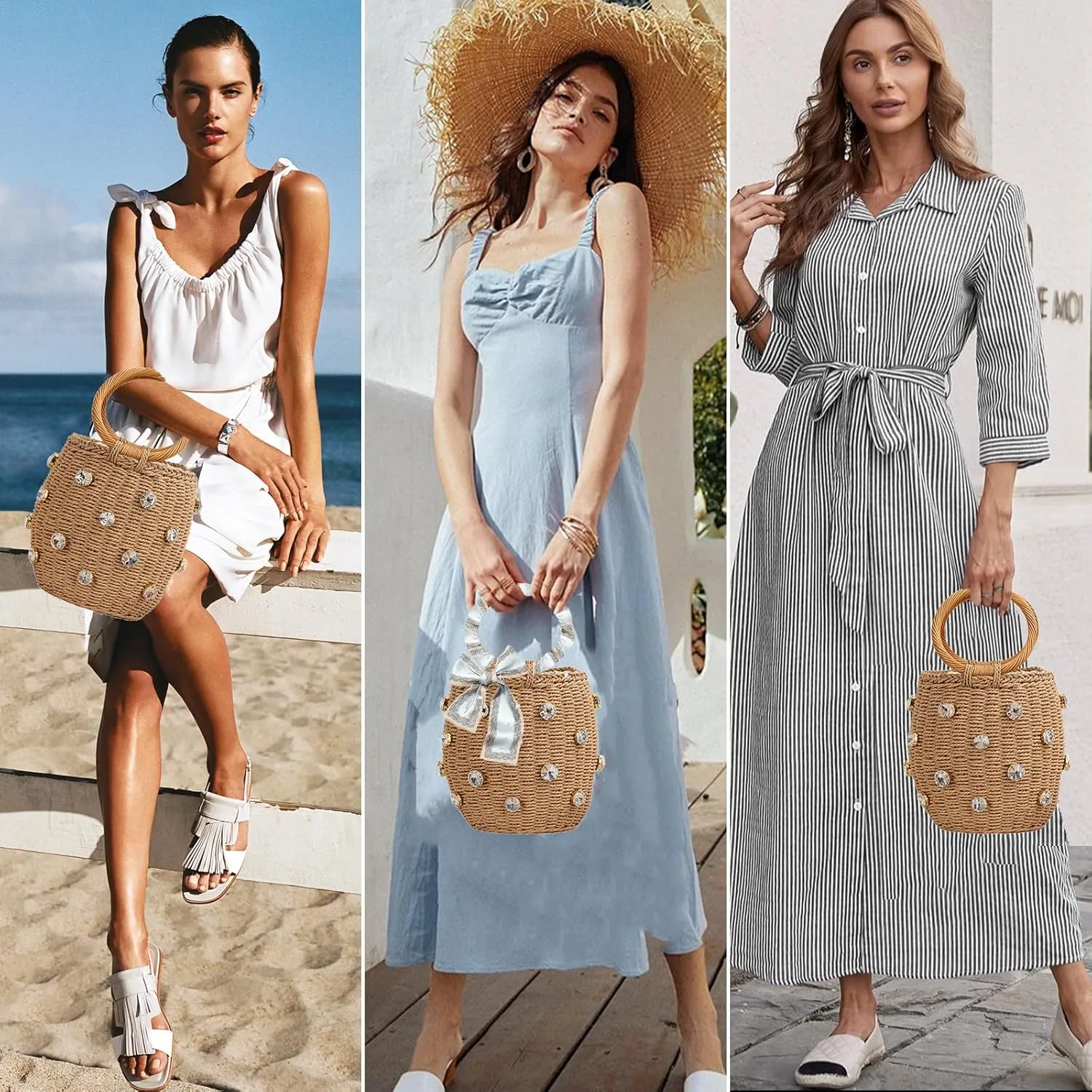 Bucket Straw Handbag, Handmade Tote Bag with Drawstring, Beach Woven Bag Rattan Shoulder Crossbody Basket Purse for Women