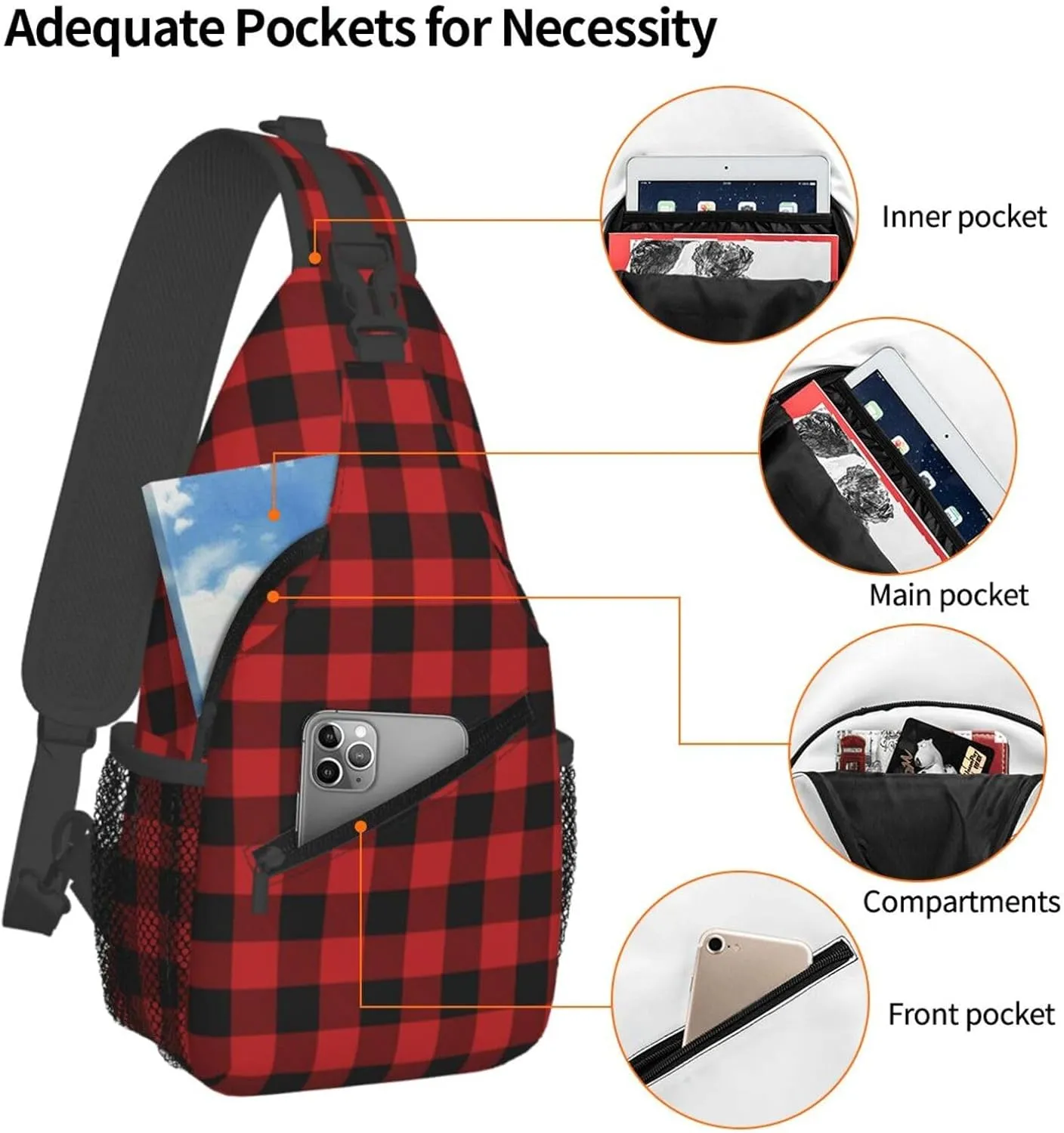 Buffalo Plaid Sling Bag Adjustable Crossbody Bag Casual Chest Bags Travel Shoulder Backpack For Women Men