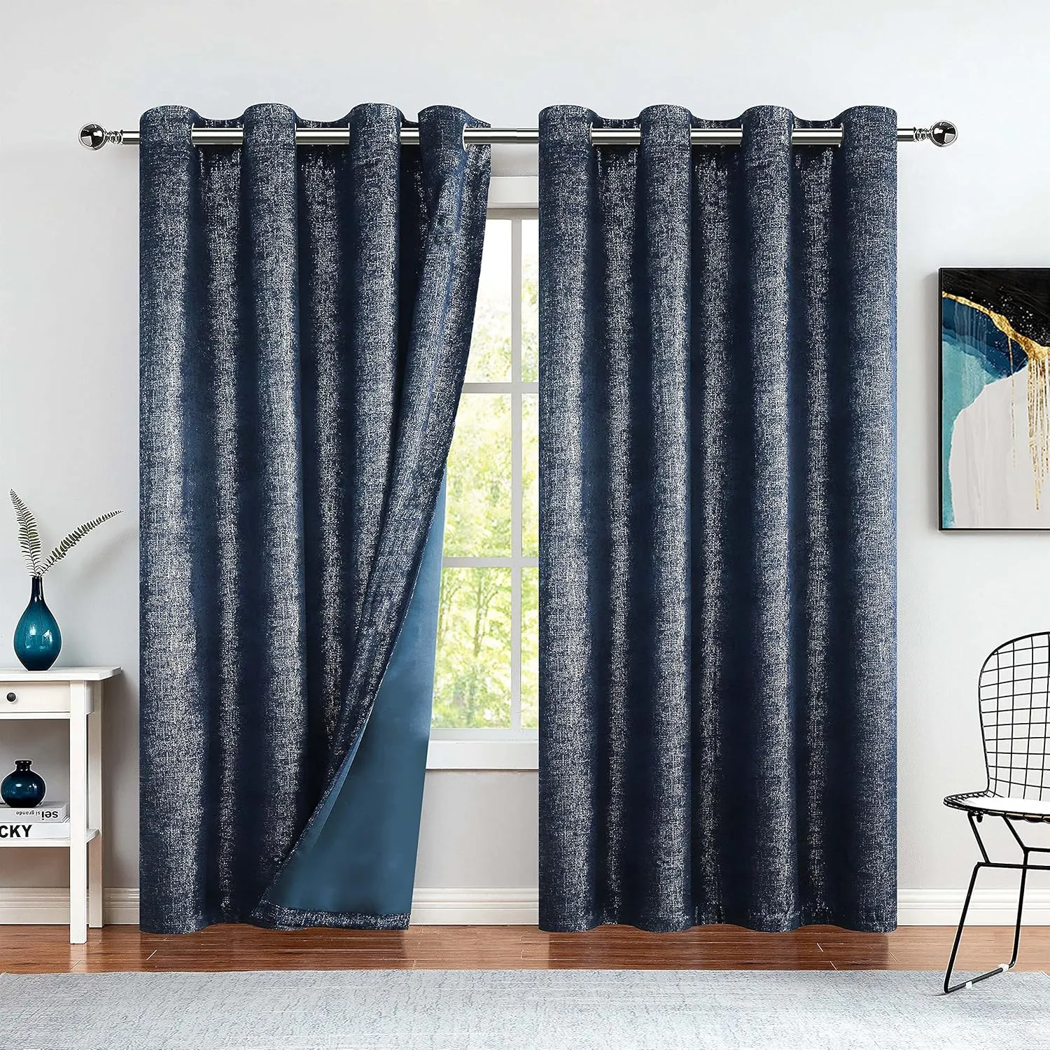 Bujasso Navy Blue Blackout Curtains 84 inch 2 Panels Set Silver Sparkle Patterned Window Curtains Luxury Room Darkening Curtains 85% Blackout Thermal Insulated for Living Room Grommet Top W52 xL84