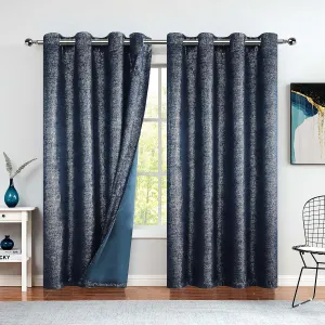 Bujasso Navy Blue Blackout Curtains 84 inch 2 Panels Set Silver Sparkle Patterned Window Curtains Luxury Room Darkening Curtains 85% Blackout Thermal Insulated for Living Room Grommet Top W52 xL84