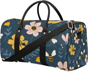 Busy Bee And Flowers Travel Duffel bag for Men Women Weekender Overnight Bag Gym Bag Carry On Luggage Bags for Yoga Workout Sports