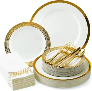 By Madee HEAVYWEIGHT 175 Pc White and Gold Disposable Plates and Utensils Set with Glam Napkins – Fancy Plastic Dinnerware Sets for Weddings, Bridal Showers, Easter & Special Occasions (25 Guests)