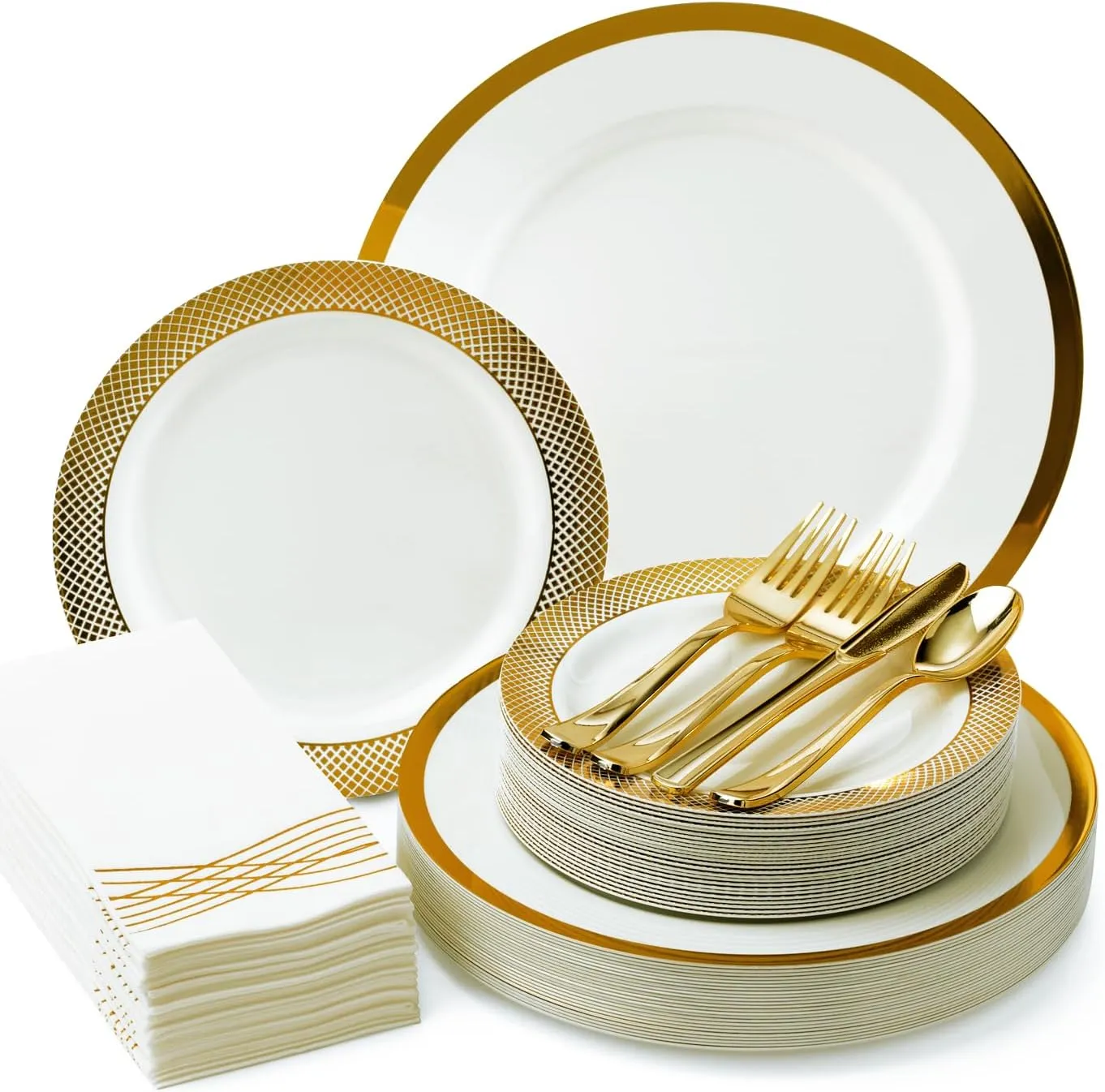 By Madee HEAVYWEIGHT 175 Pc White and Gold Disposable Plates and Utensils Set with Glam Napkins – Fancy Plastic Dinnerware Sets for Weddings, Bridal Showers, Easter & Special Occasions (25 Guests)