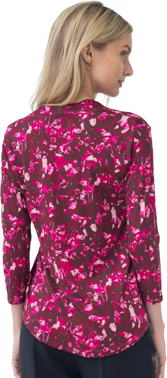 Cable & Gauge 3/4 Sleeve V-Neck Patterned Inverted Pleat Top