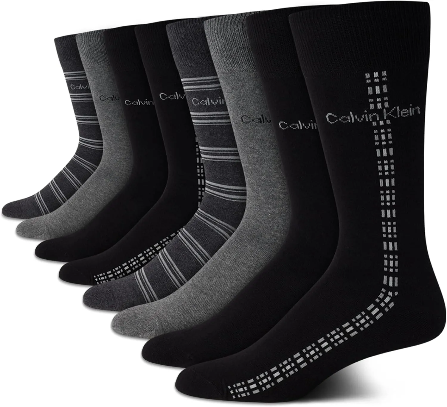 Calvin Klein Men's Crew Socks - 8 Pack Cotton Blend Performance Patterned Dress Socks - Athletic Socks for Men (7-12)