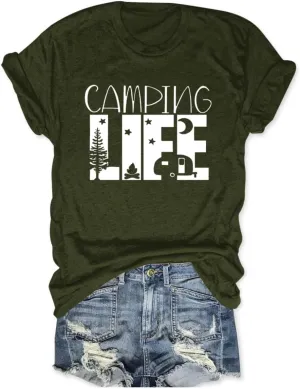 Camping Shirts for Women Funny Camper T-Shirt Graphic Tees Camp Hiking Tshirts Letter Print Casual Summer Tops