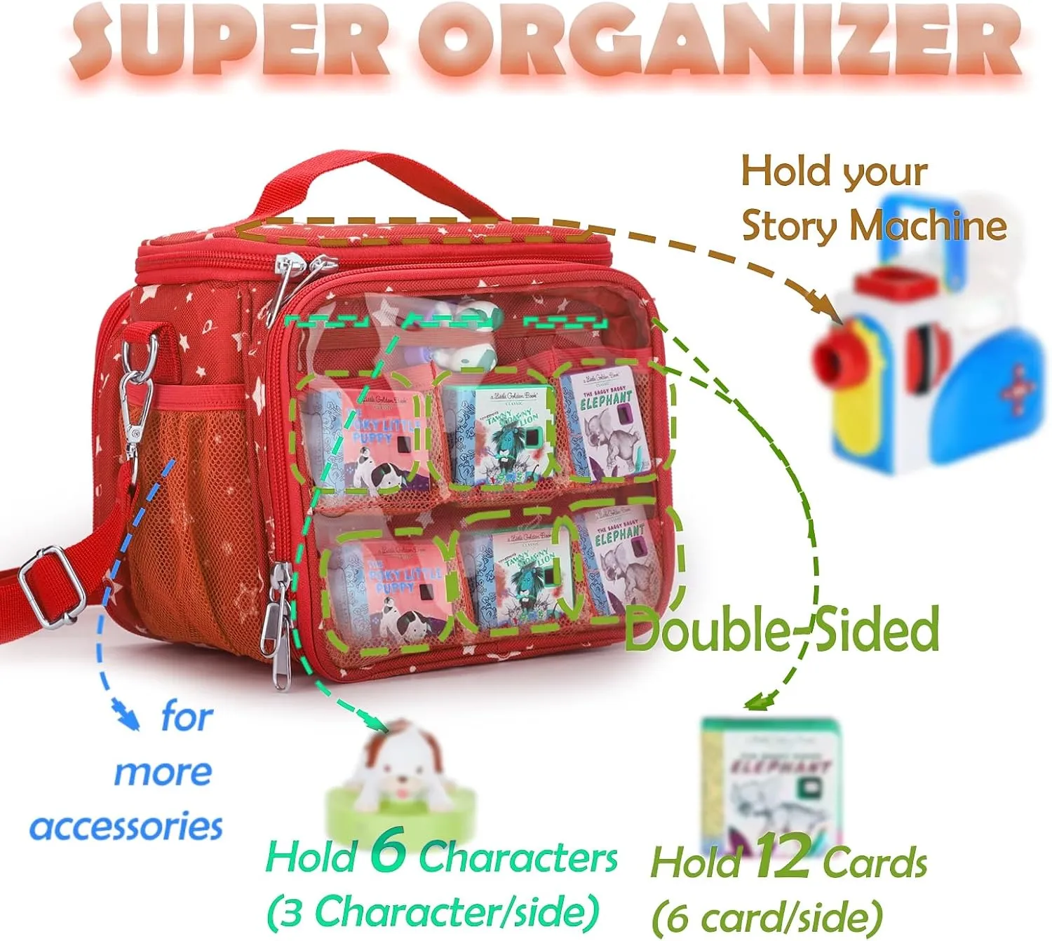 Carrying Case Compatible with Little Tikes Story Dream Machine Books Starter Set,Portable Storage Bag with Handle and Shoulder Strap for Storytime,Little Golden Book,Little Puppy Character (Red)