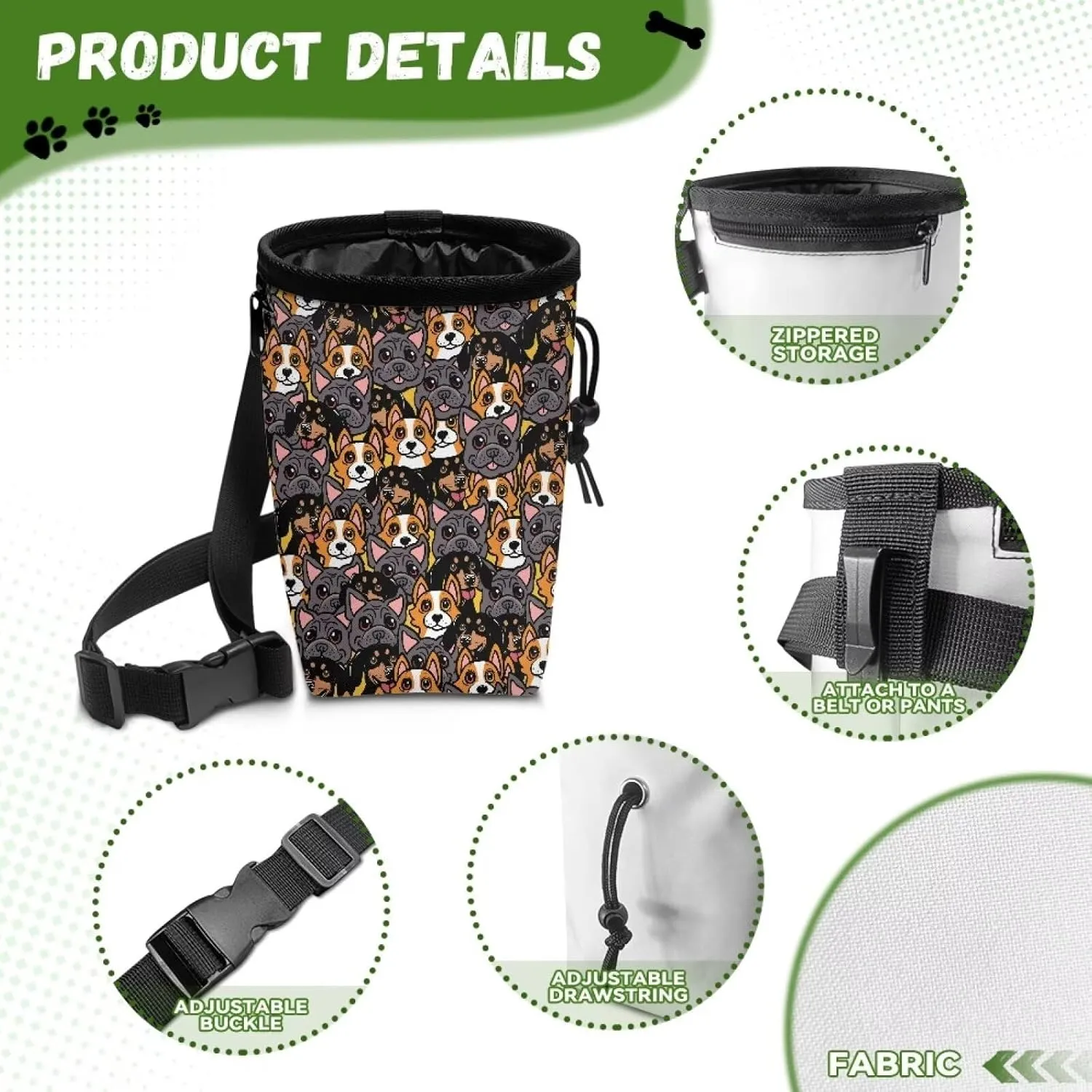 Cartoon Corgi Dachshund Pitbull Prints Training Treat Pouch Bag for Dogs Easily Carries Pet Treat Bag Hands-Free Dog Treat Pouch with Waist Belt Shoulder Strap