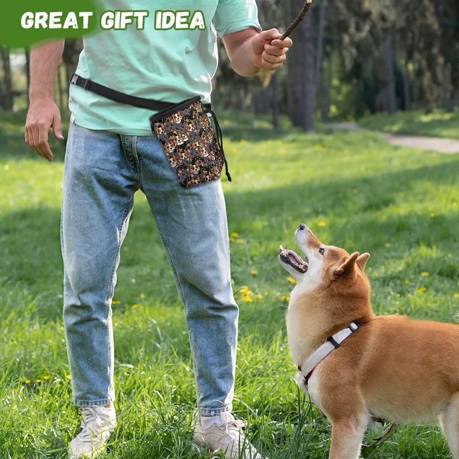 Cartoon Corgi Dachshund Pitbull Prints Training Treat Pouch Bag for Dogs Easily Carries Pet Treat Bag Hands-Free Dog Treat Pouch with Waist Belt Shoulder Strap