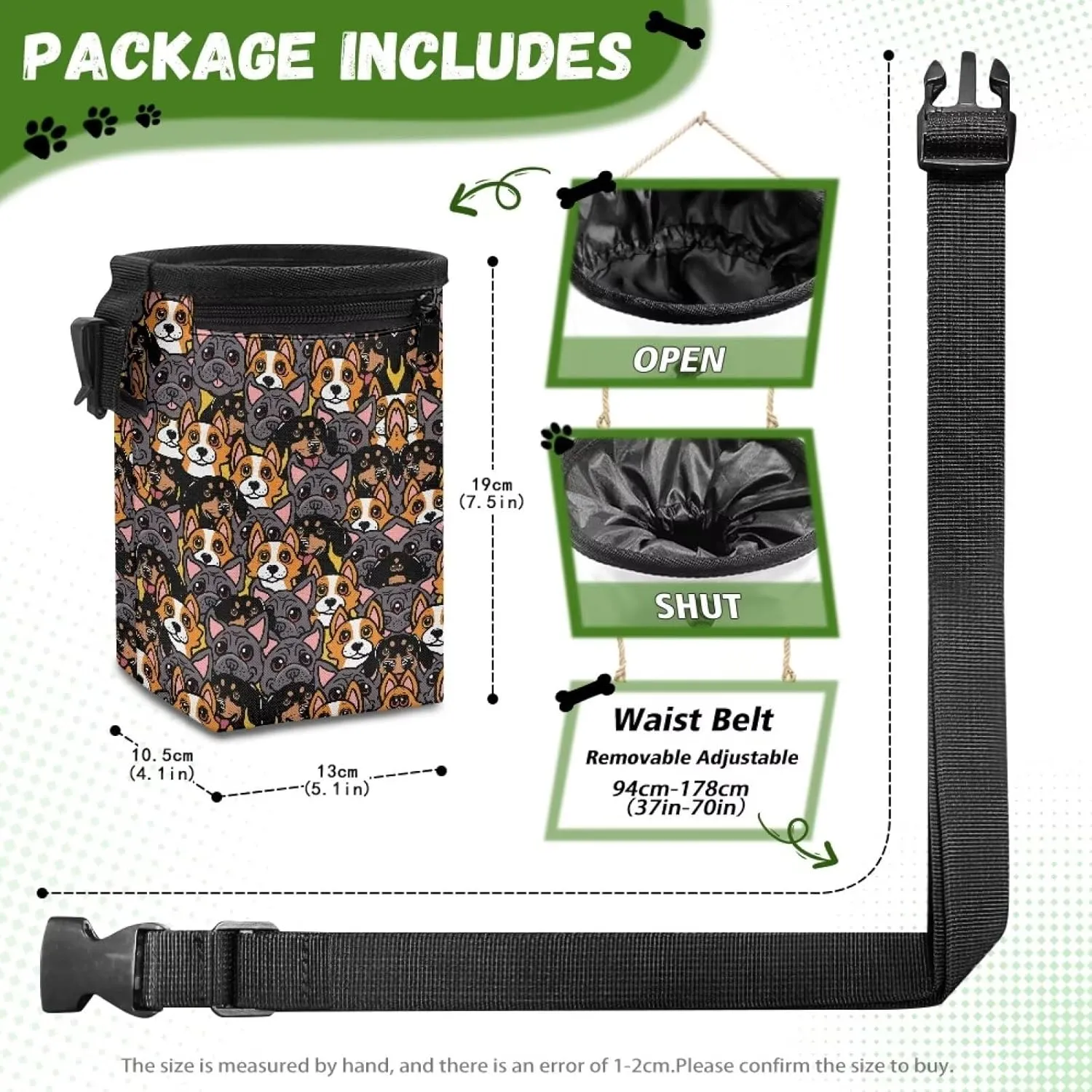 Cartoon Corgi Dachshund Pitbull Prints Training Treat Pouch Bag for Dogs Easily Carries Pet Treat Bag Hands-Free Dog Treat Pouch with Waist Belt Shoulder Strap