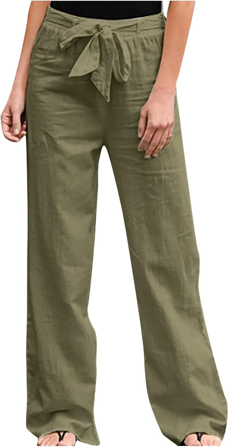 Ceboyel Womens Cotton Linen Summer Pants Drawstring High Waist Beach Pants Relax Fit Baggy Lounge Pants Causal Ladies Outfits