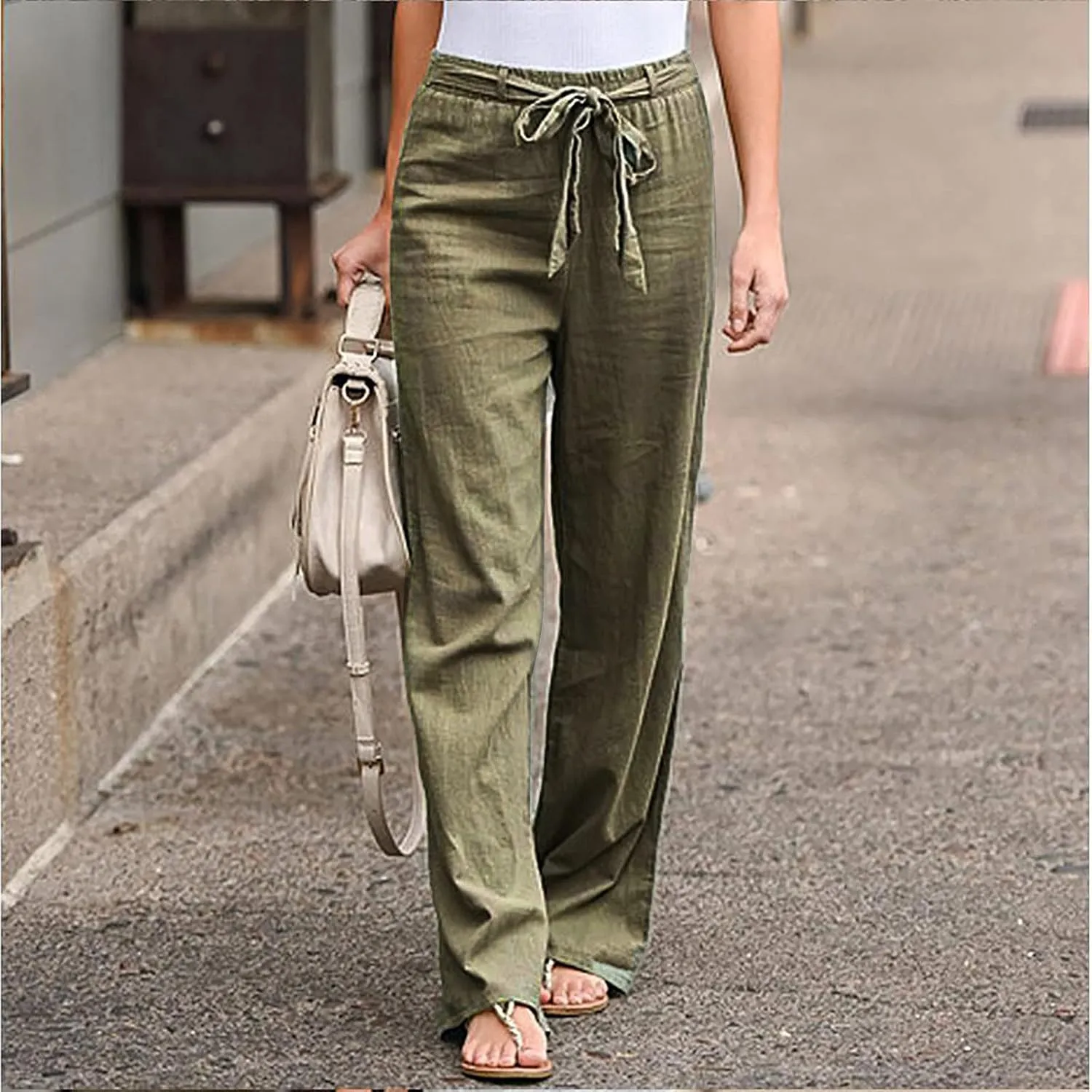 Ceboyel Womens Cotton Linen Summer Pants Drawstring High Waist Beach Pants Relax Fit Baggy Lounge Pants Causal Ladies Outfits