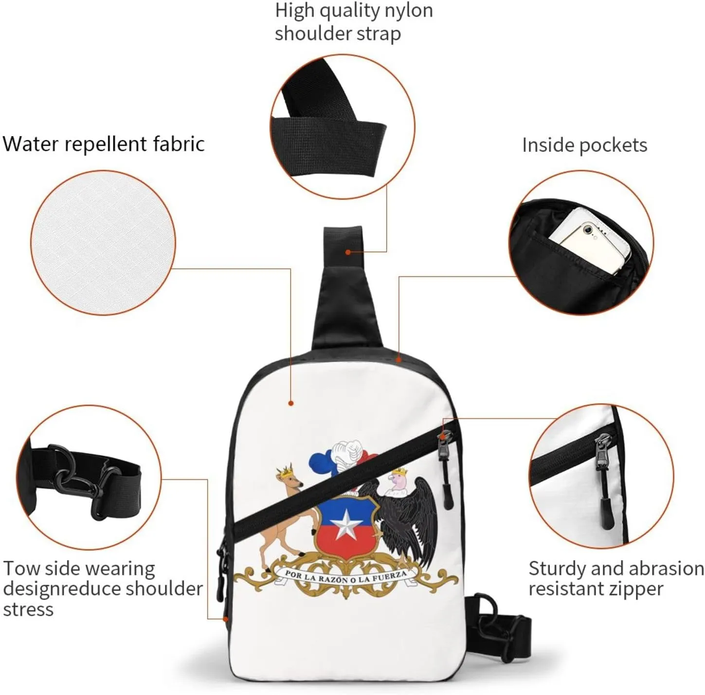 Chile Chilean Flag Coat Arms Crossbody Bag Portable Sling Bags Foldable Chest Daypack Reusable Sports Shoulder Backpack Diagonally Casual Rucksack Travel Bag