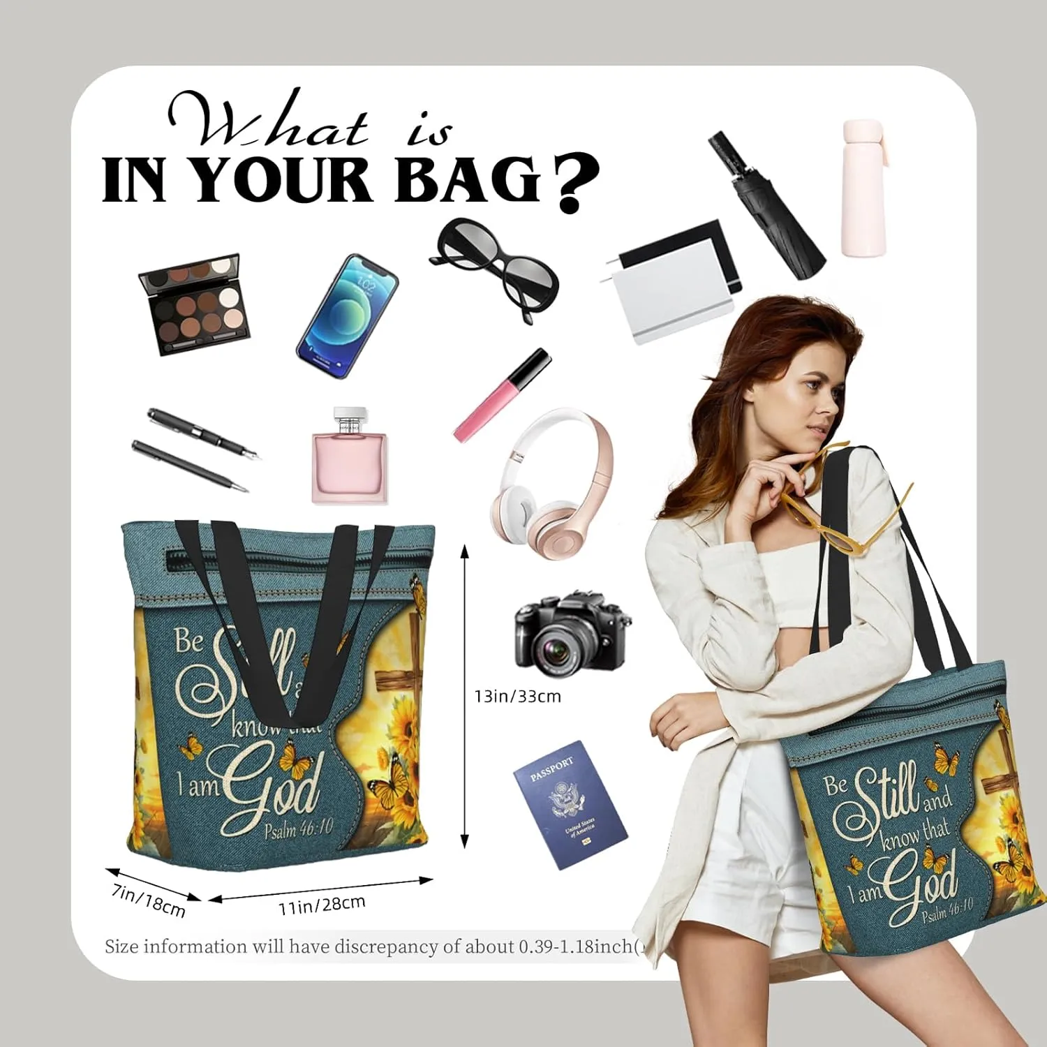 Christian Gifts Reusable Shopping Tote Bag Zippered Inspirational Tote Bags for Women Bible Verse Shoulder Bag
