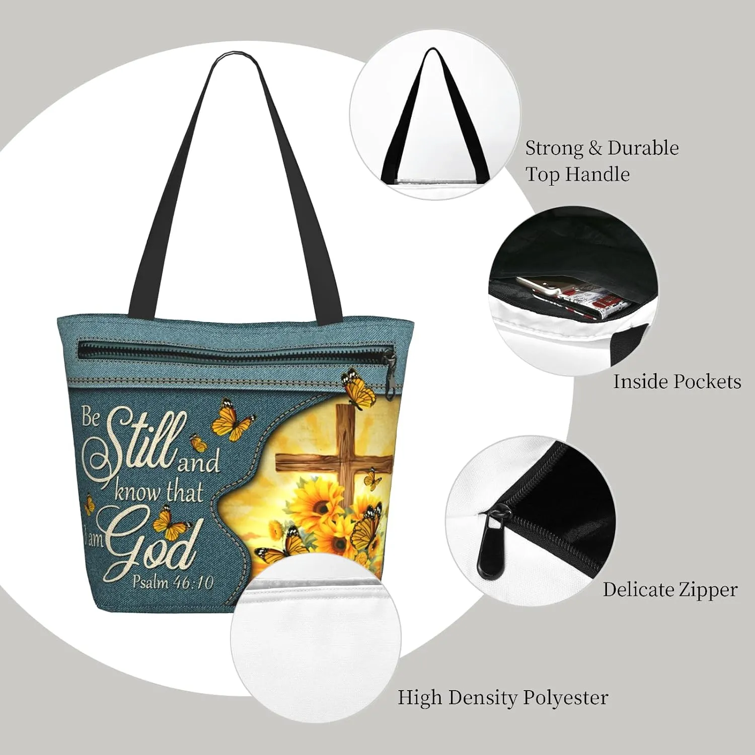 Christian Gifts Reusable Shopping Tote Bag Zippered Inspirational Tote Bags for Women Bible Verse Shoulder Bag