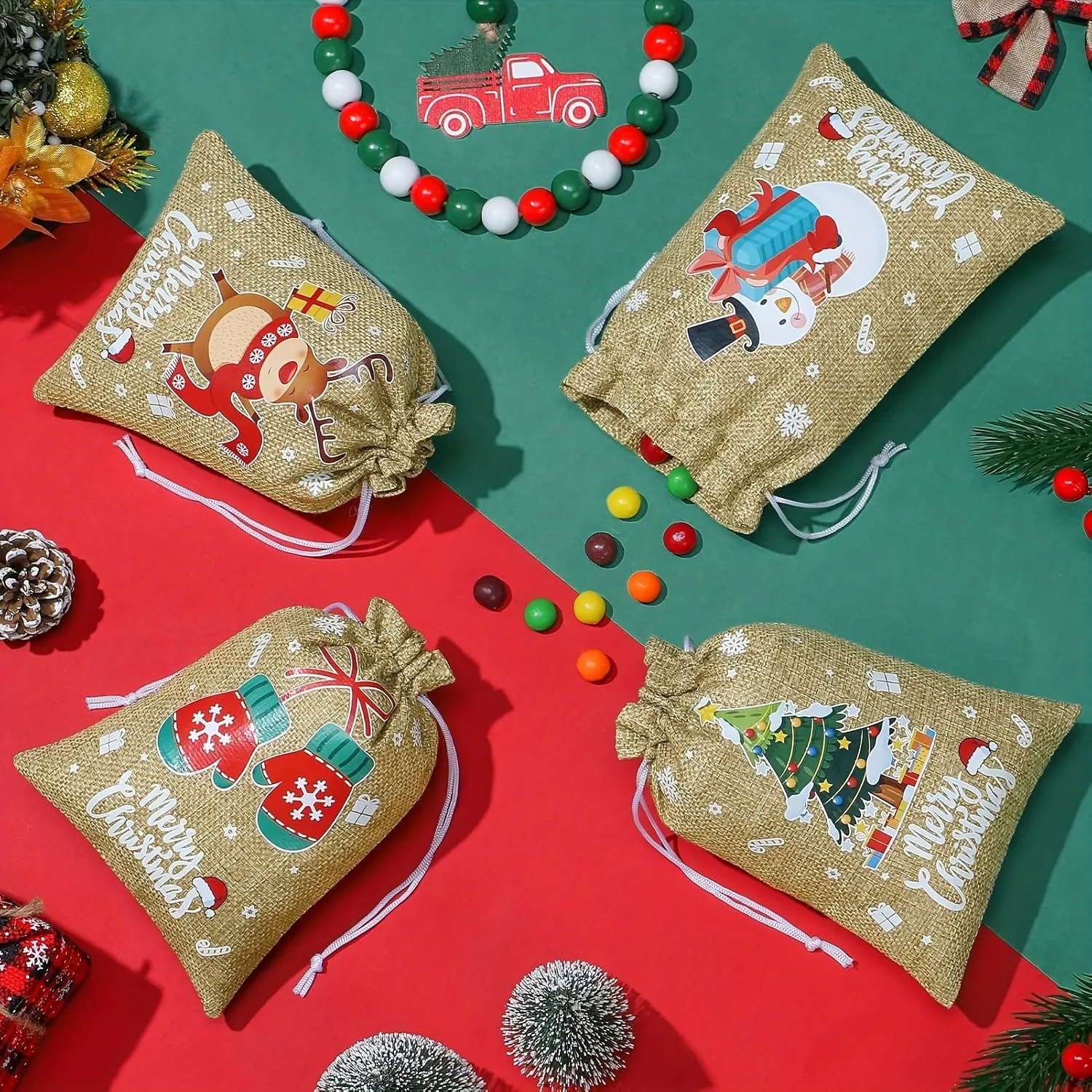 Christmas Cartoon Drawstring Burlap Gift Bags – Reindeer & Assorted Patterns, Small Jute Linen Treat Sacks, Reusable Holiday Candy Bags (Set of Multiple Quantities)