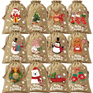 Christmas Cartoon Drawstring Burlap Gift Bags – Reindeer & Assorted Patterns, Small Jute Linen Treat Sacks, Reusable Holiday Candy Bags (Set of Multiple Quantities)