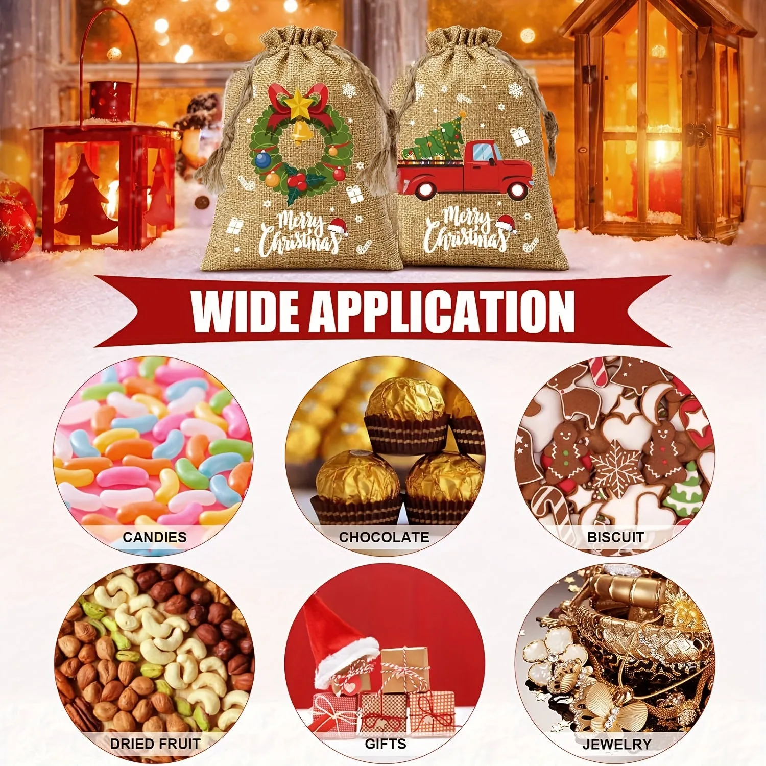 Christmas Cartoon Drawstring Burlap Gift Bags – Reindeer & Assorted Patterns, Small Jute Linen Treat Sacks, Reusable Holiday Candy Bags (Set of Multiple Quantities)