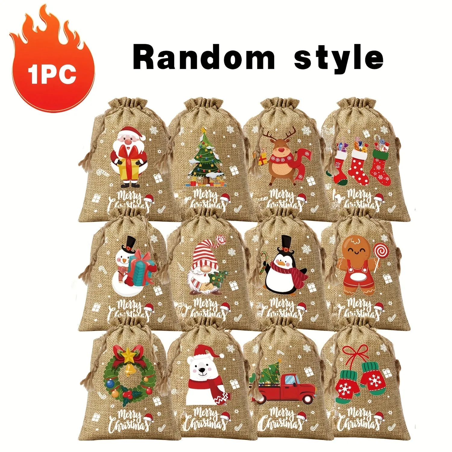Christmas Cartoon Drawstring Burlap Gift Bags – Reindeer & Assorted Patterns, Small Jute Linen Treat Sacks, Reusable Holiday Candy Bags (Set of Multiple Quantities)
