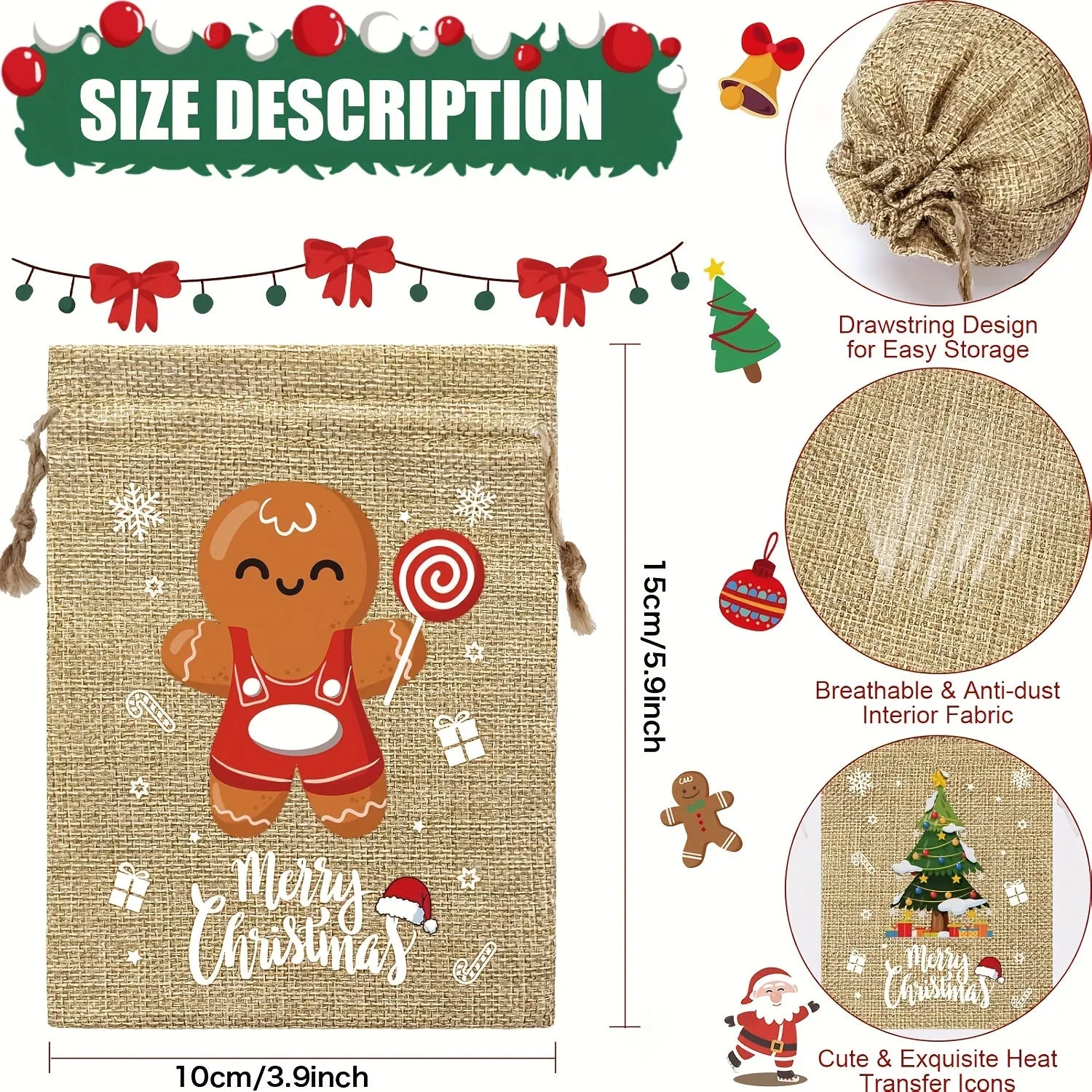 Christmas Cartoon Drawstring Burlap Gift Bags – Reindeer & Assorted Patterns, Small Jute Linen Treat Sacks, Reusable Holiday Candy Bags (Set of Multiple Quantities)
