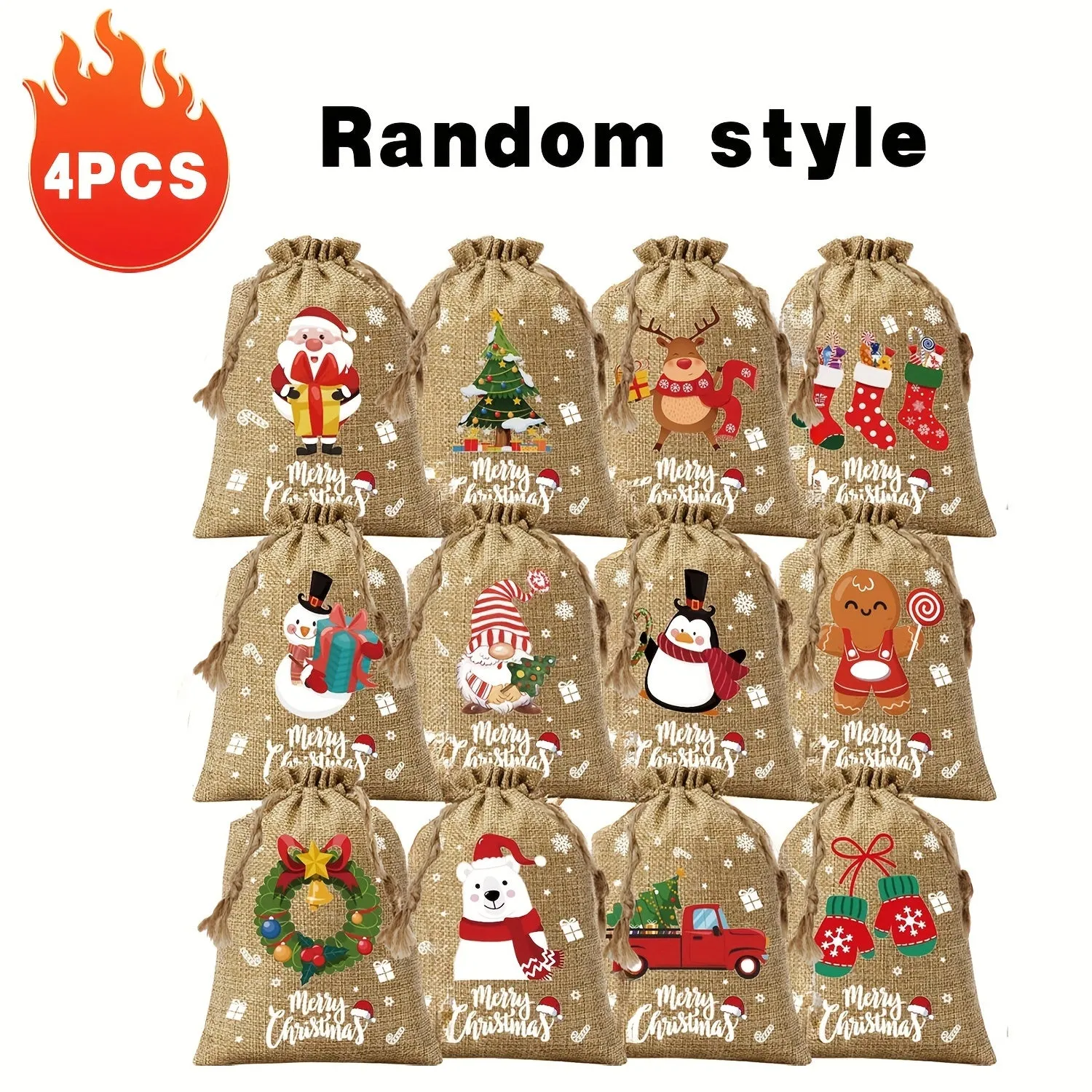 Christmas Cartoon Drawstring Burlap Gift Bags – Reindeer & Assorted Patterns, Small Jute Linen Treat Sacks, Reusable Holiday Candy Bags (Set of Multiple Quantities)