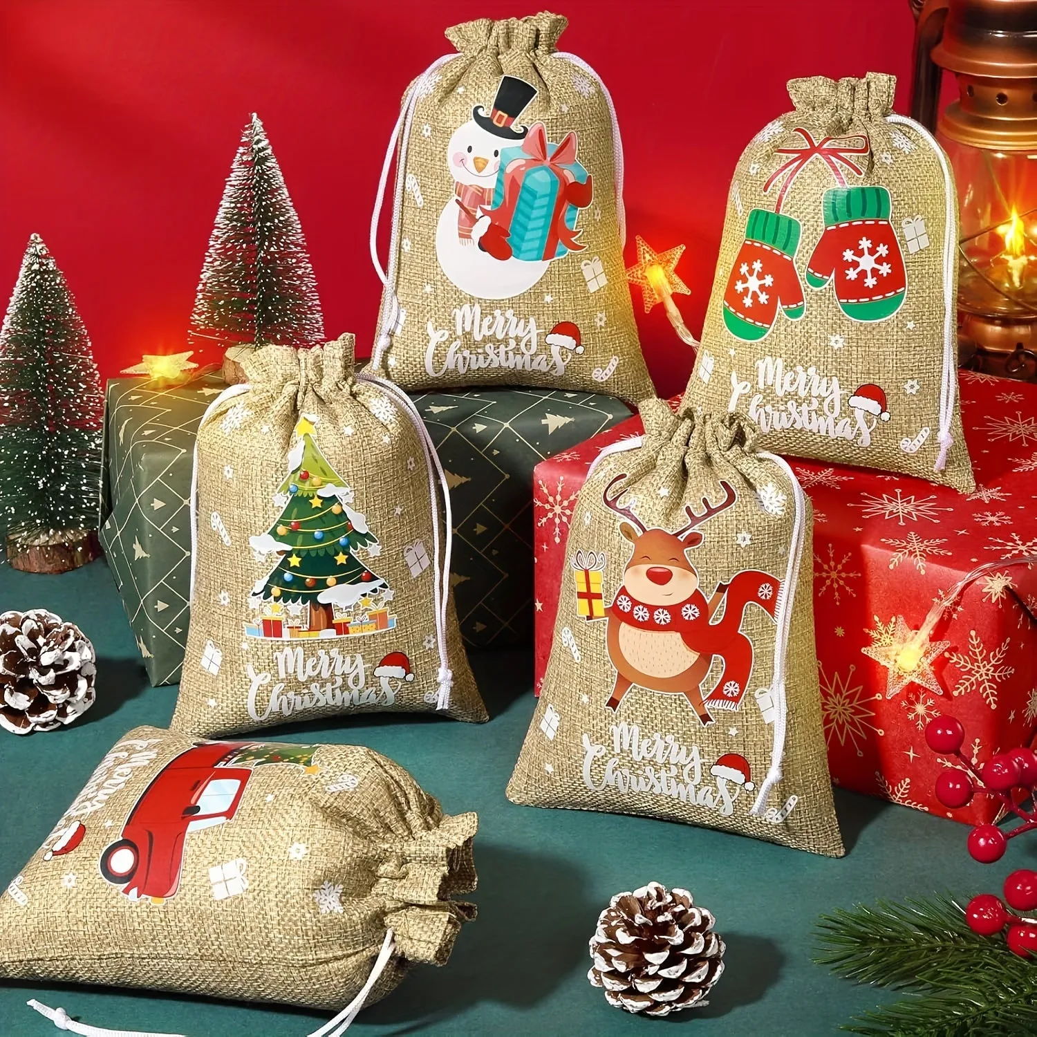 Christmas Cartoon Drawstring Burlap Gift Bags – Reindeer & Assorted Patterns, Small Jute Linen Treat Sacks, Reusable Holiday Candy Bags (Set of Multiple Quantities)