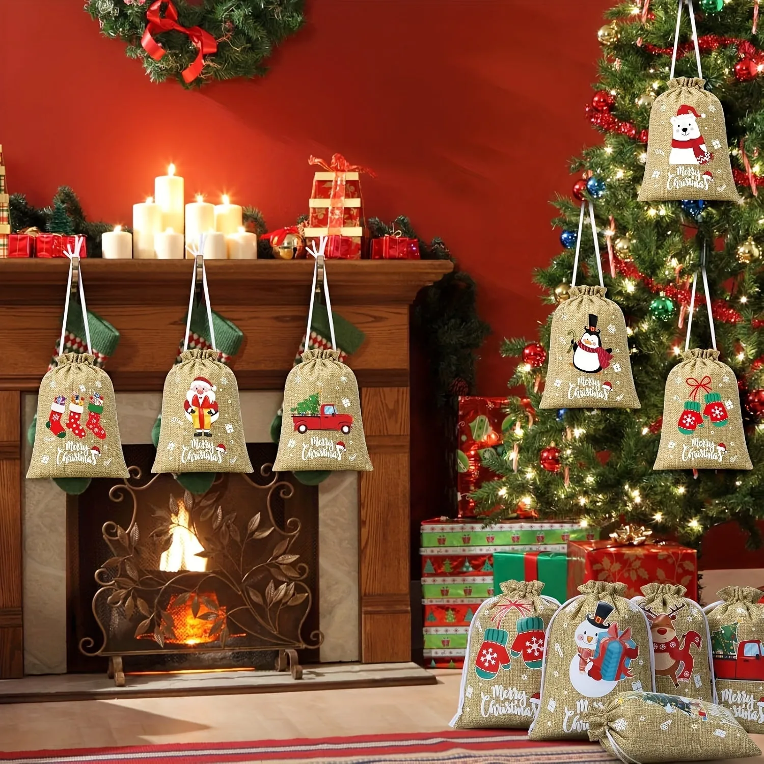 Christmas Cartoon Drawstring Burlap Gift Bags – Reindeer & Assorted Patterns, Small Jute Linen Treat Sacks, Reusable Holiday Candy Bags (Set of Multiple Quantities)