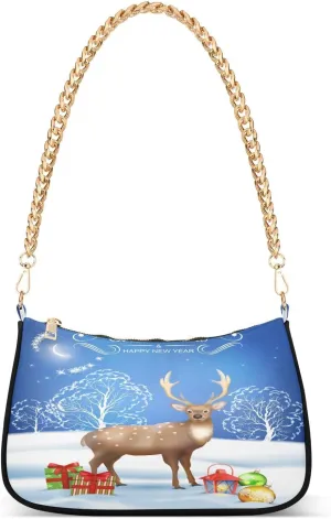 Christmas Elk Deer Winter Shoulder Handbags for Women Travel Hobo Tote Handbag Women Gold Chain Shoulder Bags Purse with Zipper Closure