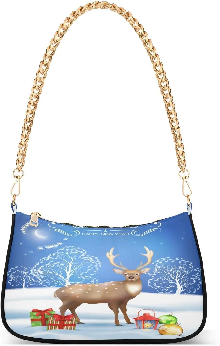 Christmas Elk Deer Winter Shoulder Handbags for Women Travel Hobo Tote Handbag Women Gold Chain Shoulder Bags Purse with Zipper Closure