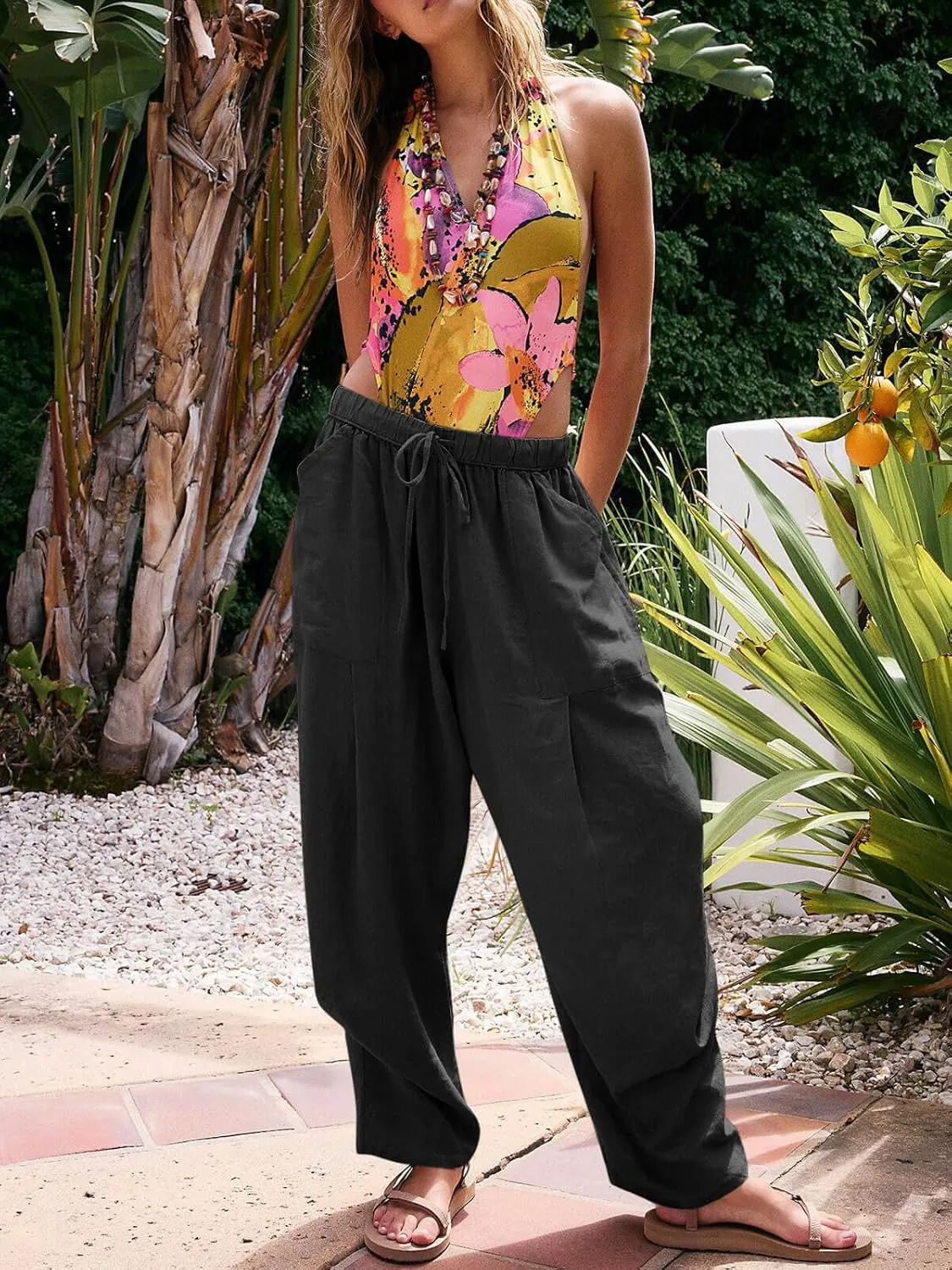 Cicy Bell Womens Beach Harem Pants Baggy Wide Leg Drawstring Summer Linen Palazzo Pants with Pockets