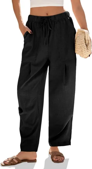 Cicy Bell Womens Beach Harem Pants Baggy Wide Leg Drawstring Summer Linen Palazzo Pants with Pockets