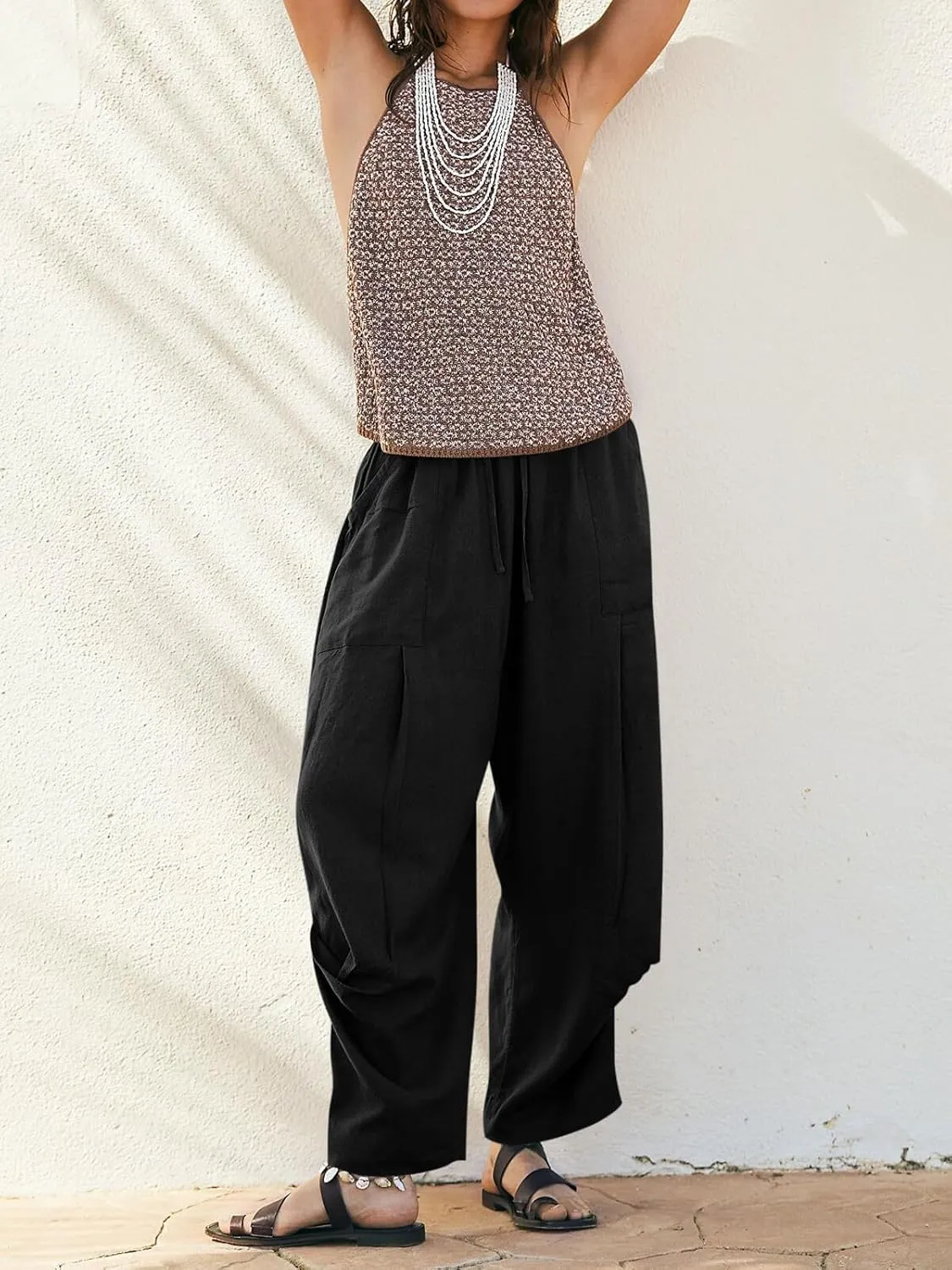 Cicy Bell Womens Beach Harem Pants Baggy Wide Leg Drawstring Summer Linen Palazzo Pants with Pockets