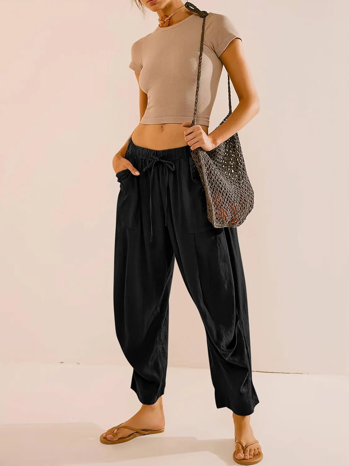 Cicy Bell Womens Beach Harem Pants Baggy Wide Leg Drawstring Summer Linen Palazzo Pants with Pockets