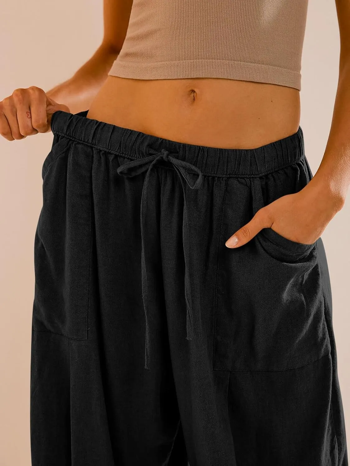 Cicy Bell Womens Beach Harem Pants Baggy Wide Leg Drawstring Summer Linen Palazzo Pants with Pockets