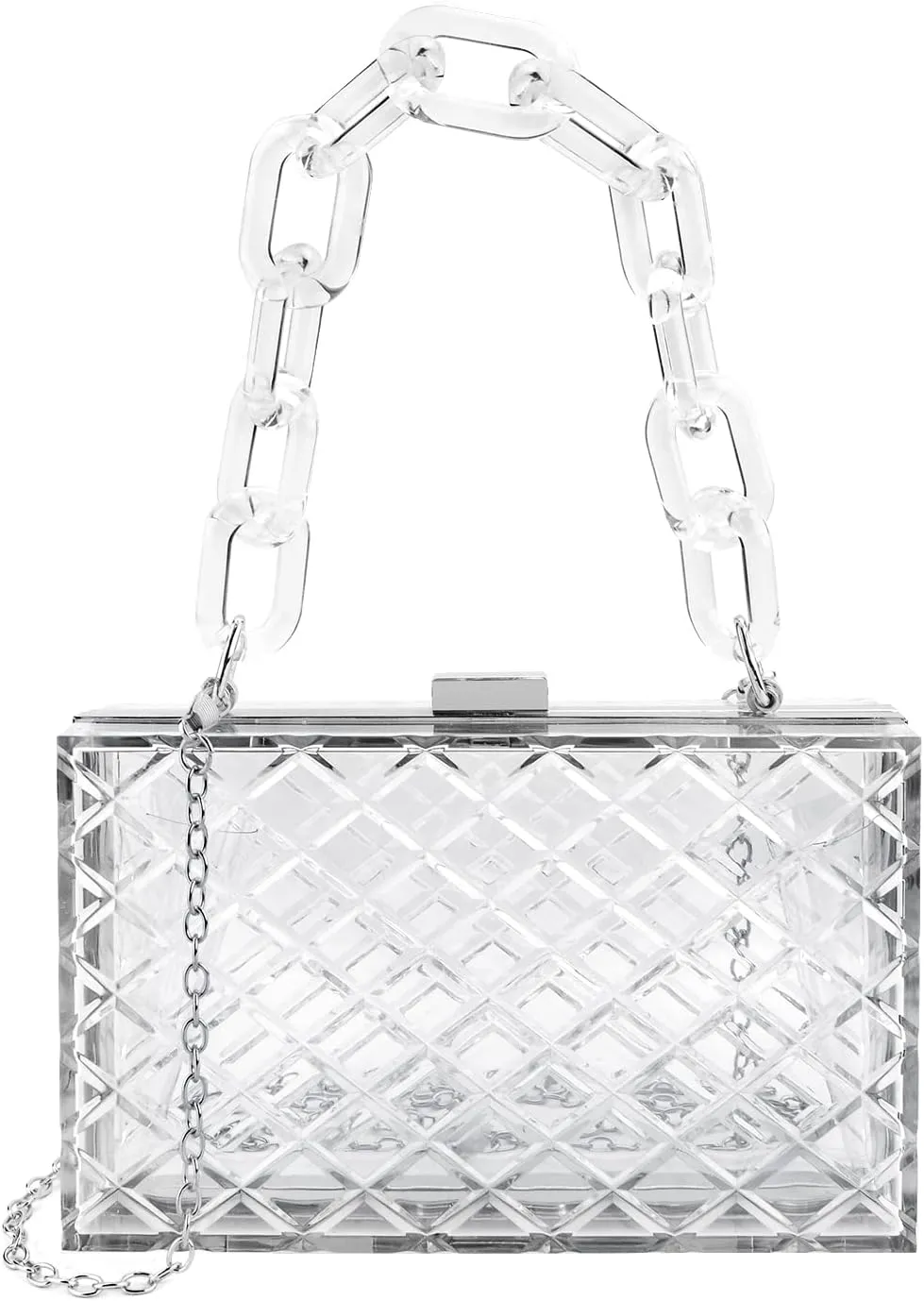 Clear Purse for Women, Acrylic Box Evening Clutch Bag, Transparent Stadium Approved Crossbody Shoulder Handle Handbag Fits Party, School Prom & Concerts (Silver)