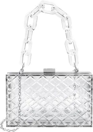 Clear Purse for Women, Acrylic Box Evening Clutch Bag, Transparent Stadium Approved Crossbody Shoulder Handle Handbag Fits Party, School Prom & Concerts (Silver)