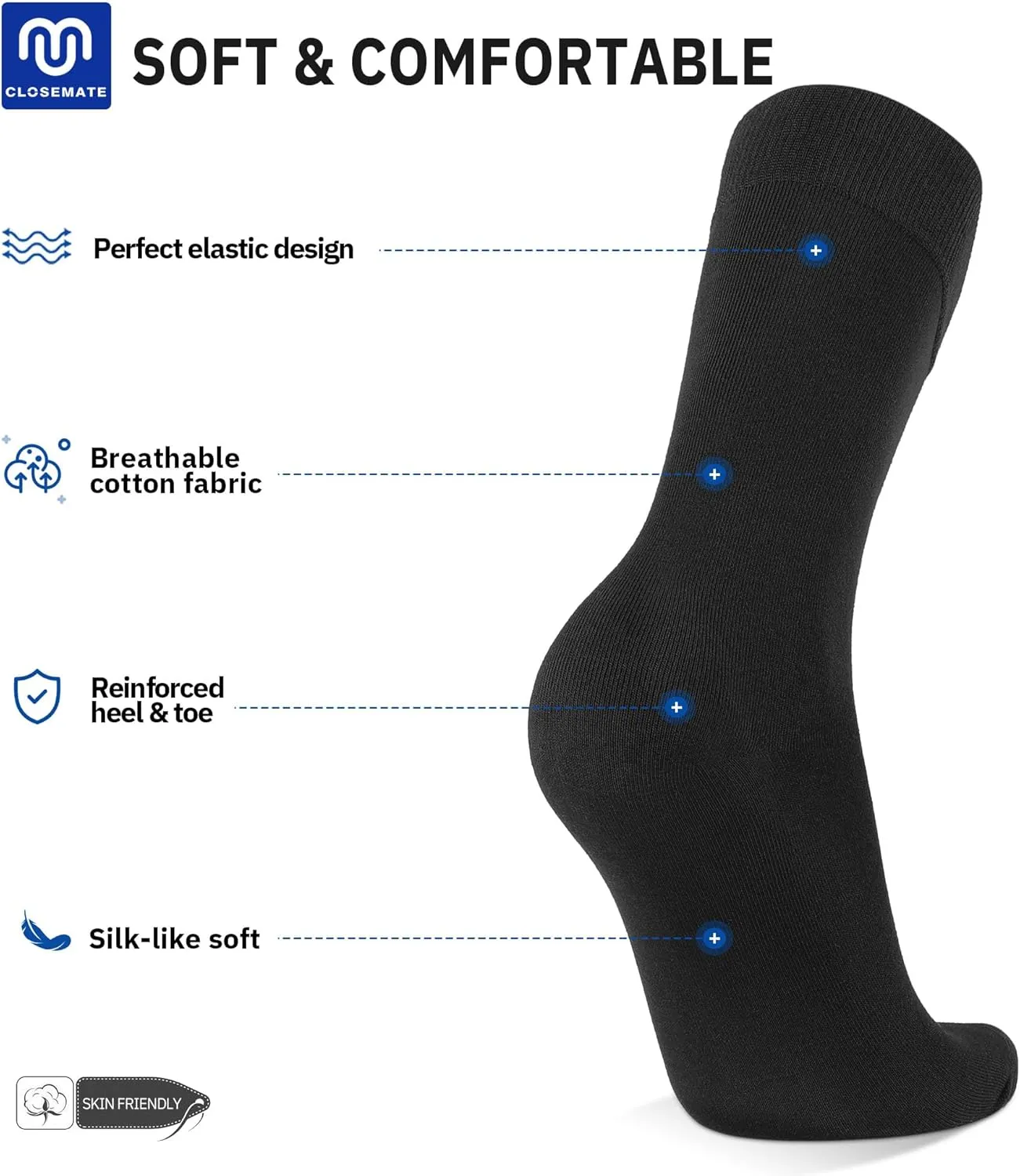 CLOSEMATE Mens Classic Solid & Patterned Dress Crew Socks - Combed Cotton and Soft 6 Pairs
