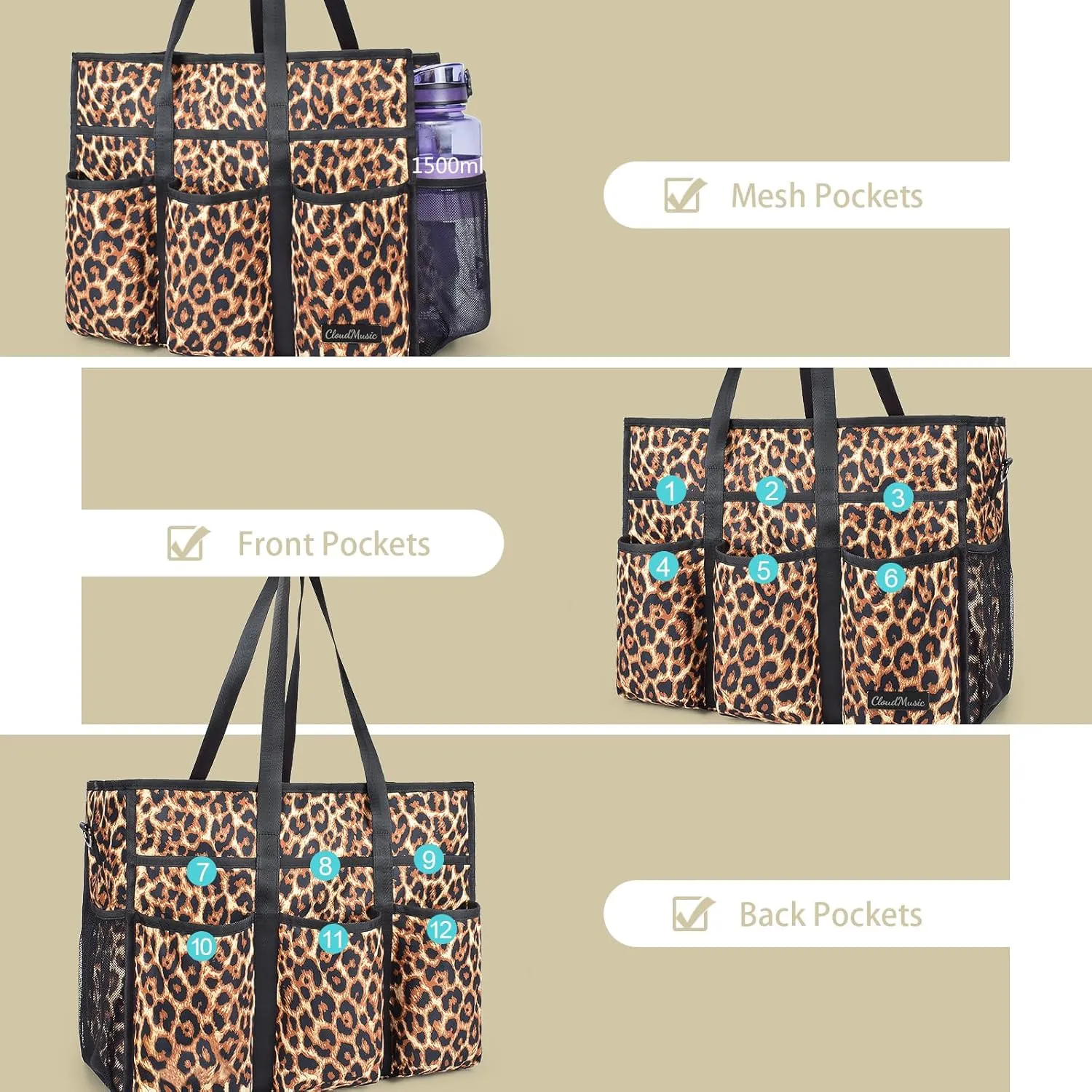 CLOUDMUSIC Large Tote Bag For Women Travel Nurse Teacher Work Waterpoof With Zipper Utility Everything Bags