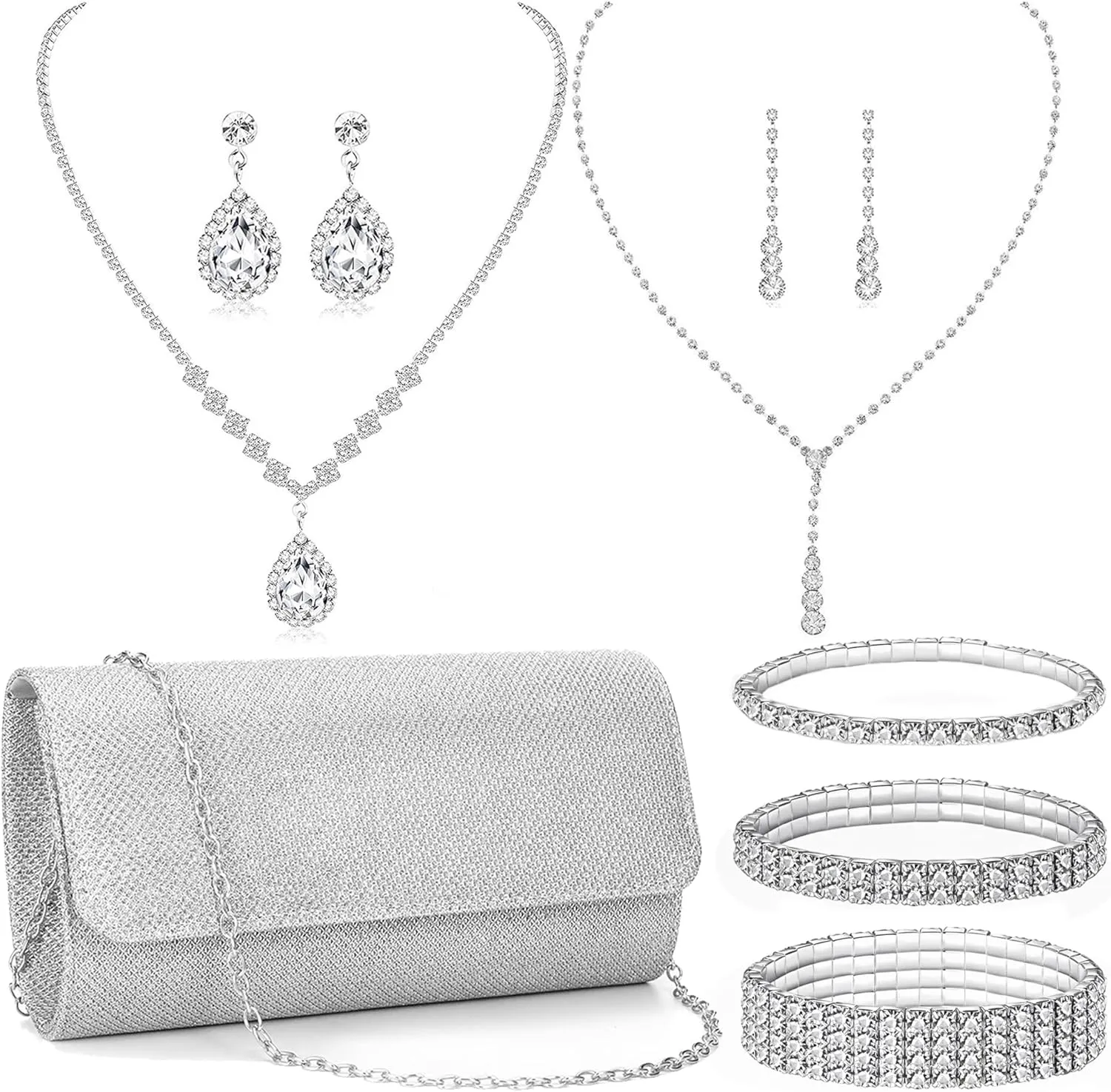Clutch Purse Jewelry Set for Women Evening Bags Silver Gold Rhinestone Crystal Necklace Earrings Bracelet Set Formal Wedding Bridal Accessories Jewelry for Prom