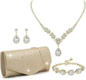 Clutch Purse Jewelry Set for Women Evening Bags Silver Gold Rhinestone Crystal Necklace Earrings Bracelet Set Formal Wedding Bridal Accessories Jewelry for Prom