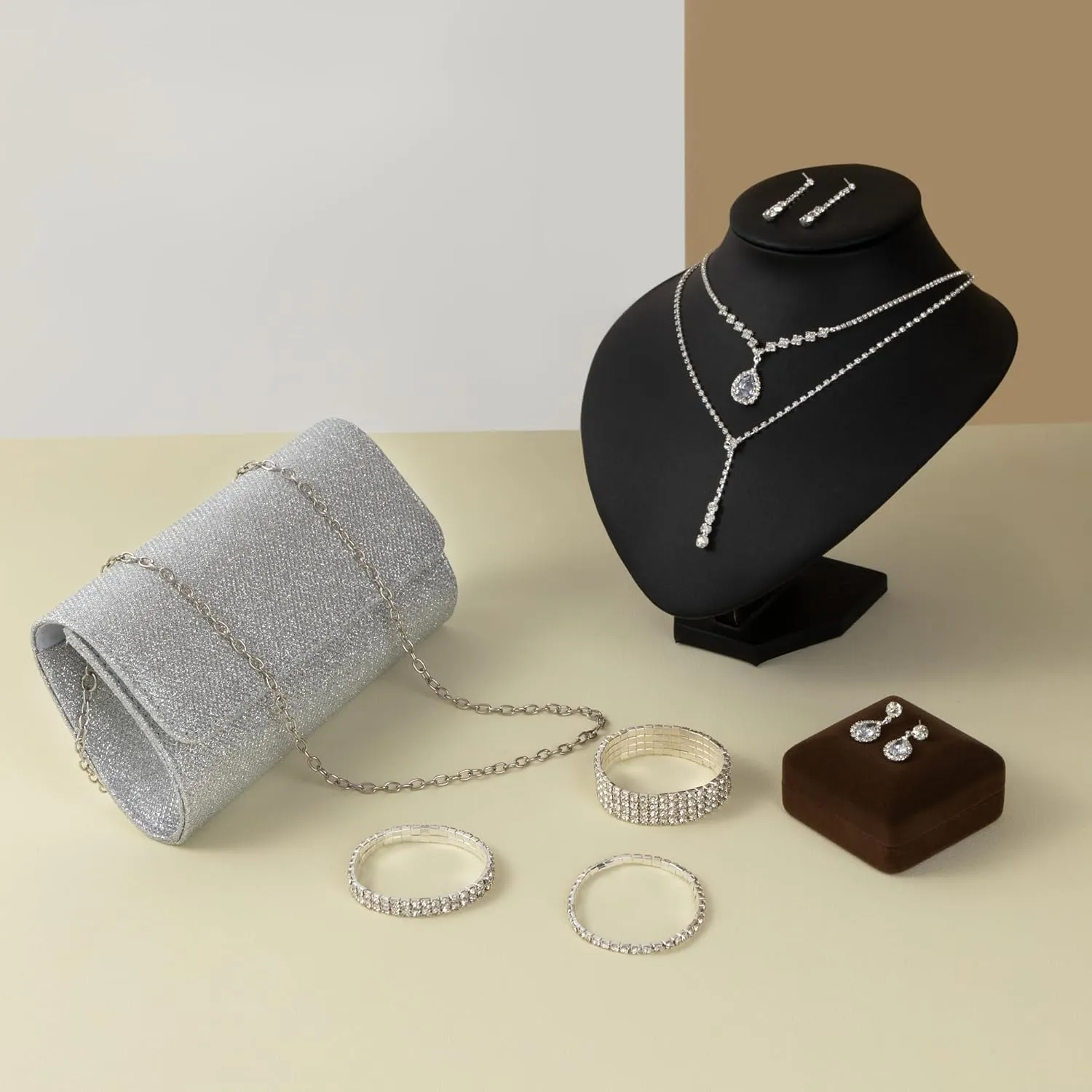 Clutch Purse Jewelry Set for Women Evening Bags Silver Gold Rhinestone Crystal Necklace Earrings Bracelet Set Formal Wedding Bridal Accessories Jewelry for Prom