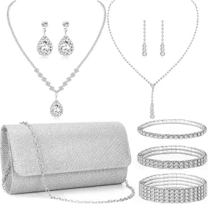 Clutch Purse Jewelry Set for Women Evening Bags Silver Gold Rhinestone Crystal Necklace Earrings Bracelet Set Formal Wedding Bridal Accessories Jewelry for Prom