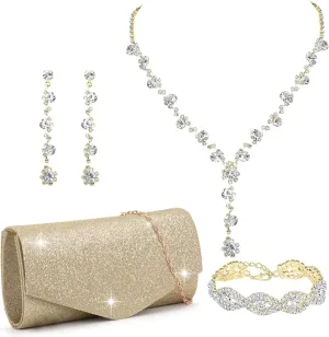 Clutch Purse Jewelry Set for Women Evening Bags Silver Gold Rhinestone Crystal Necklace Earrings Bracelet Set Formal Wedding Bridal Accessories Jewelry for Prom