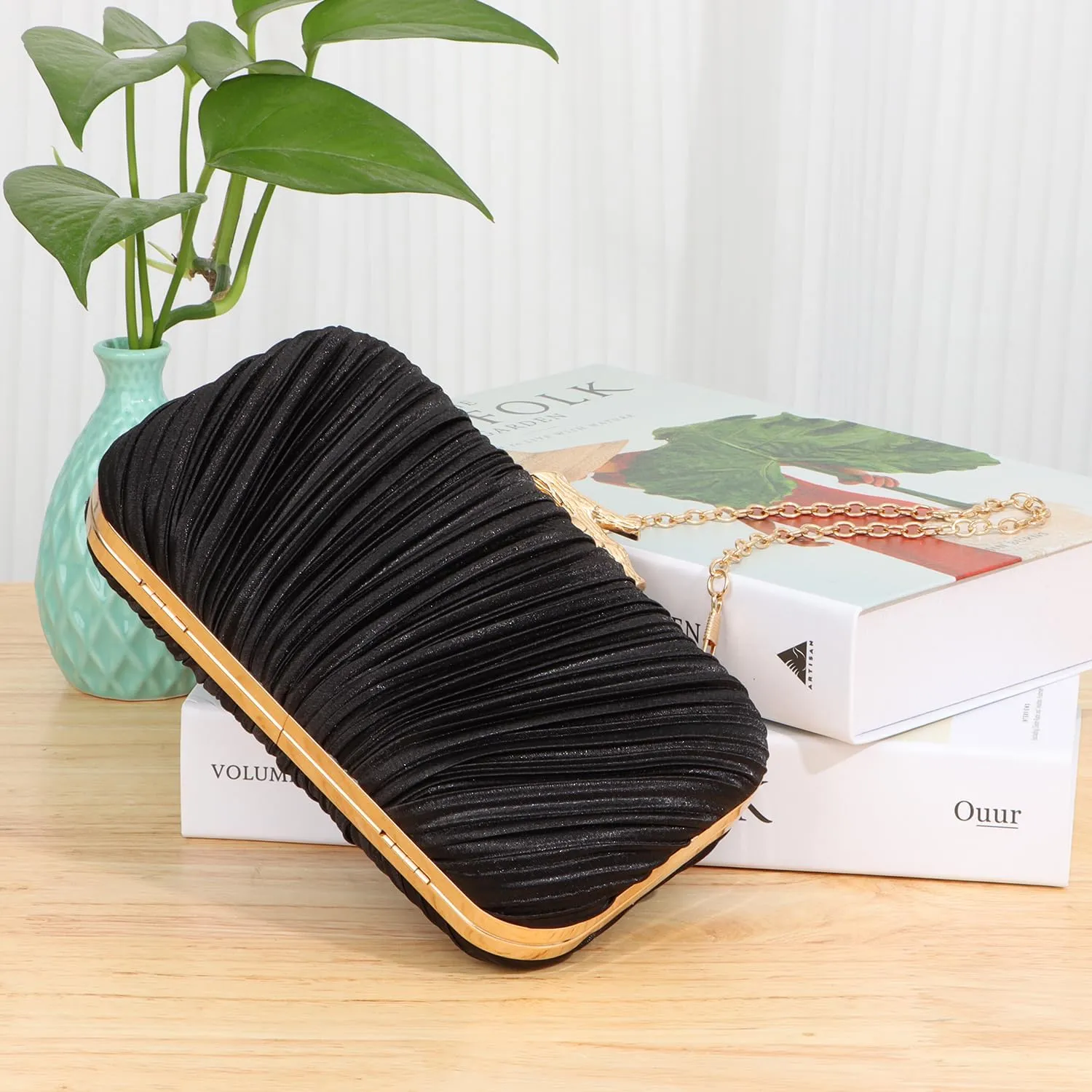 Clutch Purses for Women Evening Bag Pleated Clutch Bag with Chain for Wedding Party