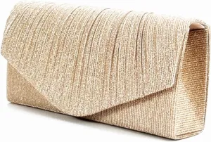 Clutch Purses for Women, Glitter Evening Bag with Chain Strap, Formal Pleated Design for Wedding, Cocktail, Party