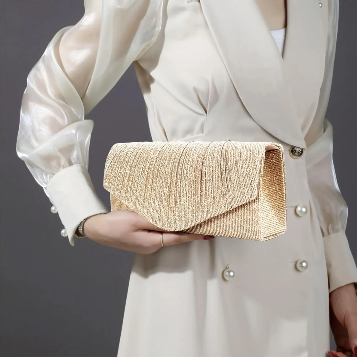 Clutch Purses for Women, Glitter Evening Bag with Chain Strap, Formal Pleated Design for Wedding, Cocktail, Party